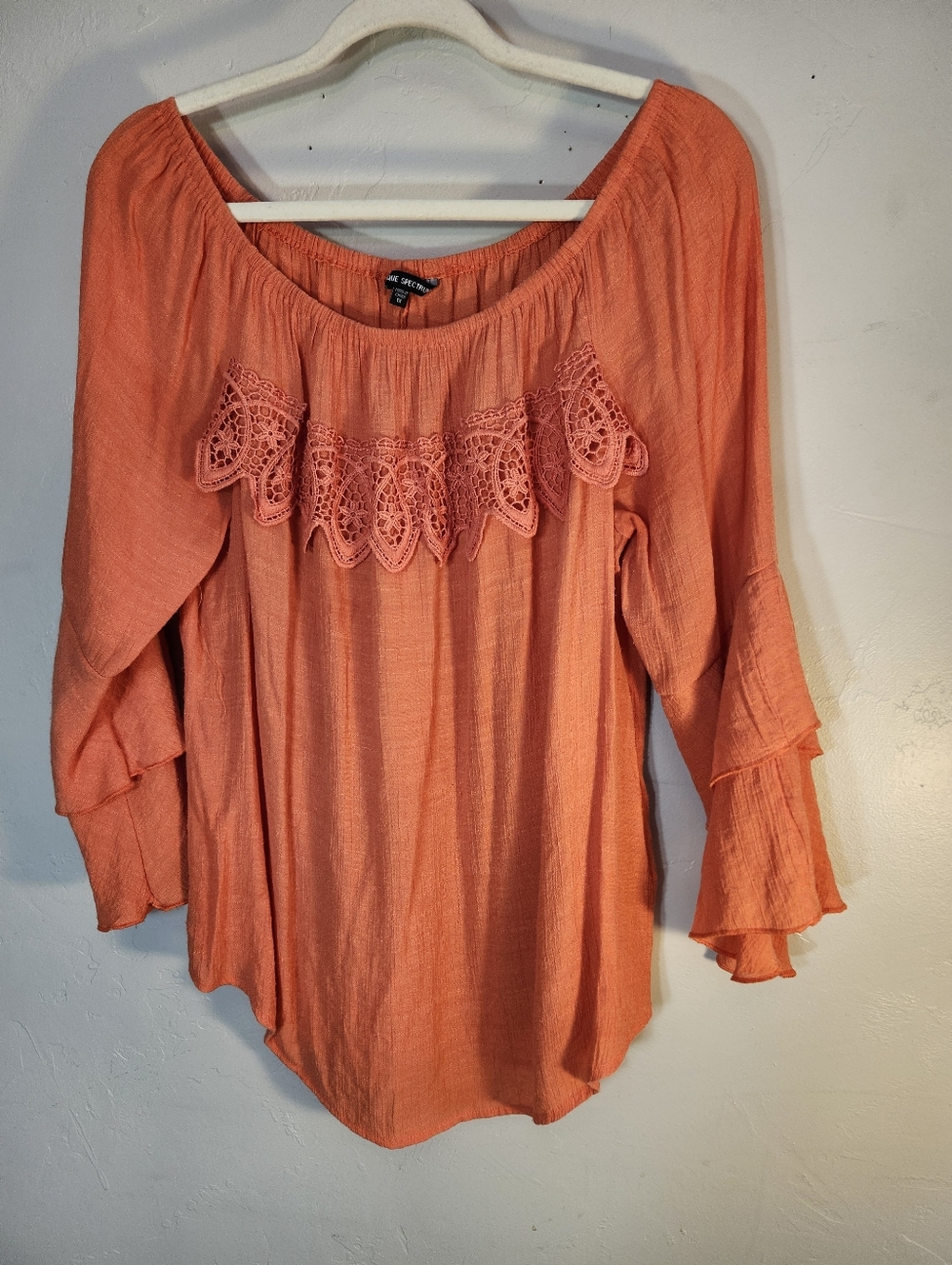 Unique Spectrum Coral Off-Shoulder Crochet Peasant Blouse